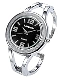 Top Plaza Womens Fashion Silver Tone Black Dial Cuff Bangle Luxury Dress Watch Arabic Numeral Scale
