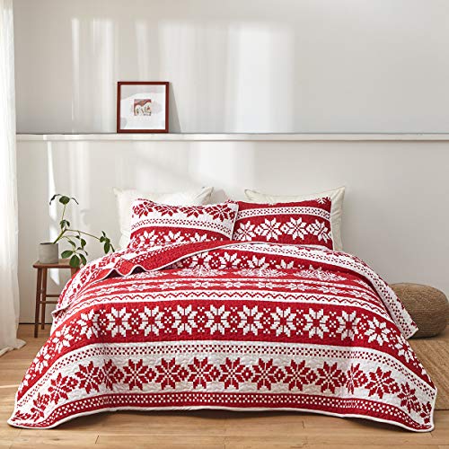 Uozzi Bedding Queen Quilt Set Christmas Red and White Snowflake Style Luxury Lightweight Coverlet Bedspread 1 Reversible Microfiber Quilt with 2 Pillow Shams for Holiday New Year Gift Choice - Thumbnail 2