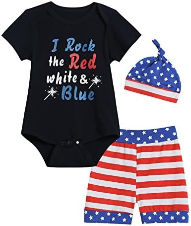 Mini Era 3PCS Baby Boys' Letter Print Short Sleeve Romper + US Flag Pants + Hat Bodysuit Clothing Set (12-18 Months)