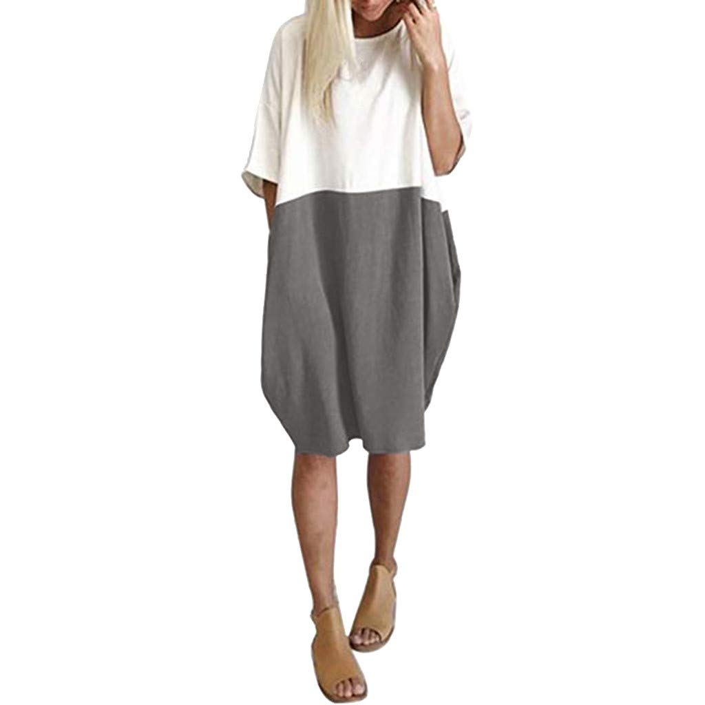 POTO Women Dresses, Loose Color Stitching Casual Dresses with Pockets Cotton Linen Tunic Dress Party Dress Beach Dress