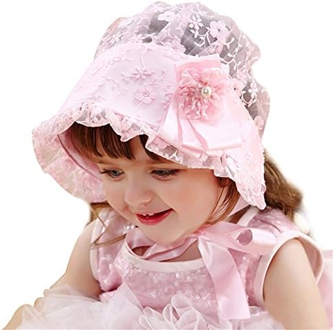 Baby Girl Bonnet Eyelet Lace Cotton Christening Bonnet Toddler Handmade Beanie Sun Protection Hat with Pearl Bow 0-3T