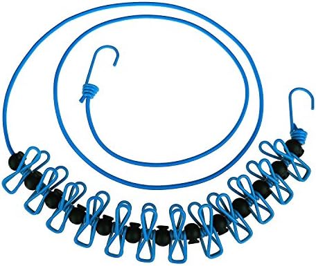Portable Travel Adjustable Clothespins Outdoor and Indoor Use Best Fasten Hanger Anti-skid Elastic With 12 Clothespins (Blue)