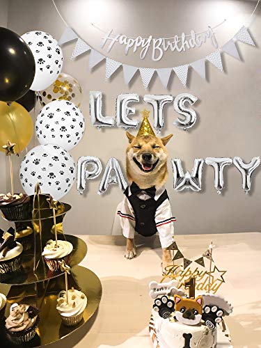 Dog Birthday Party Supplies, Lets Pawty Balloons Banner,Paw Print Balloons, Pet Birthday Hat Happy Birthday Banner Foil Balloons