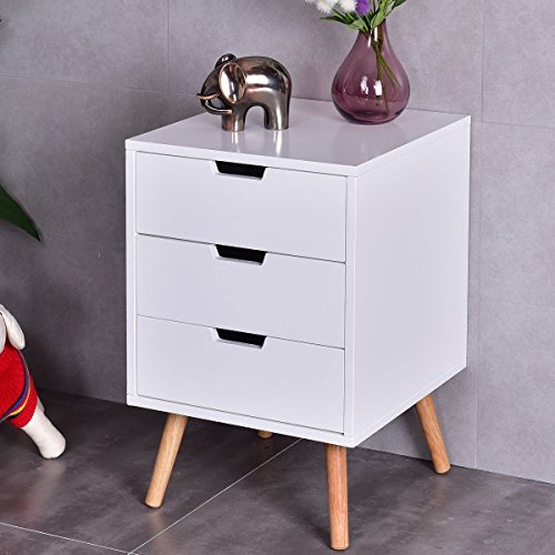 Apontus White Side End Table Nightstand w/3 Drawers Mid-Century Accent Wood Furniture