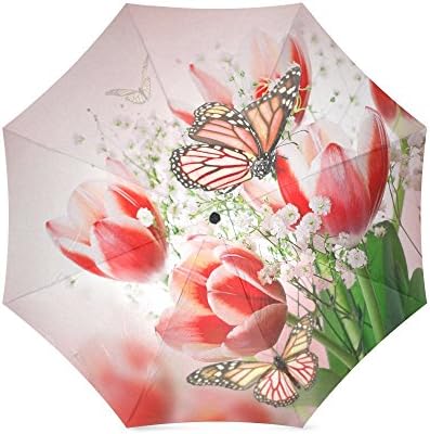 Colorful Tulips Flowers and Butterflies Custom Anti Rain Windproof Travel Golf Sports Foldable Umbrella