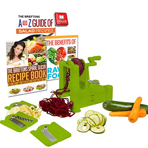 Brieftons Tri-Blade Spiralizer: Strongest-and-Heaviest Duty Vegetable Spiral Slicer, Best Veggie Pasta Spaghetti Maker for Low Carb/Paleo/Gluten-Free Meals, With 3 Exclusive Recipe eBooks - Green