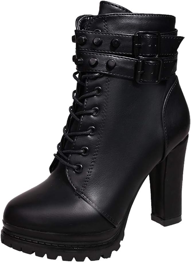 Lazzboy Women Boot Booties Ankle/Mid-Calf High Heel Pumps/Flat Leather Rivets Buckle Lace-Up/Zip Shoes