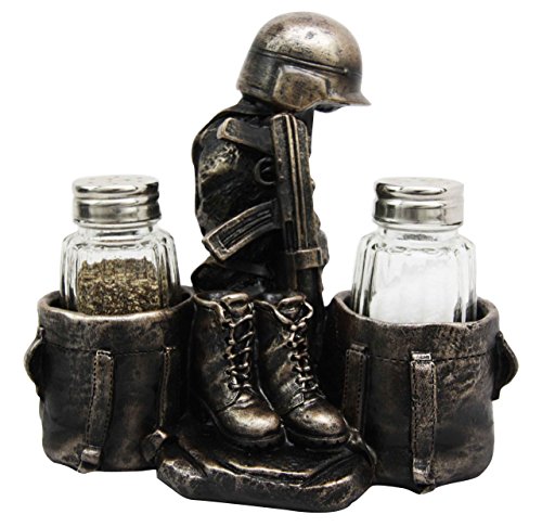 Military Soldier Uniform Attire & Rifle Decorative Glass Salt Pepper Shakers Holder Resin Figurine