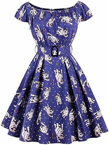 Joansam Plus Size 4XL Cotton Cute Cat Animal Print Women Belts Vintage Dress Slash Neck 2017 Party Retro Dress Female Vestidos JS01575N-L