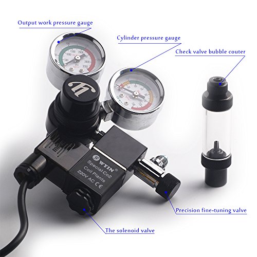 Fzone CO2 Regulator Aquarium Big Dual Gauge Display with Bubble Counter and Check Valve w/Solenoid 110V Fits Standard US Tanks Easy to Adjust CO2 Level Comes w/Tools