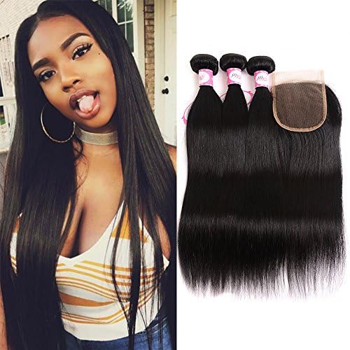 Brazilian Straight Hair Closure 3 Bundles Virgin Human Hair 8A 100% by Msjoli Unprocessed Brazilian Straight Hair with Closure Free Part 4"x4" Natural Black Color (8 10 12+8 Inch)