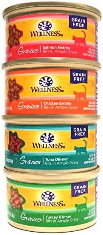 Wellness Natural Grain Free Wet Canned Cat Food Gravies Variety Pack, 4 Flavors, 3-Ounces Each (12 Total Cans)