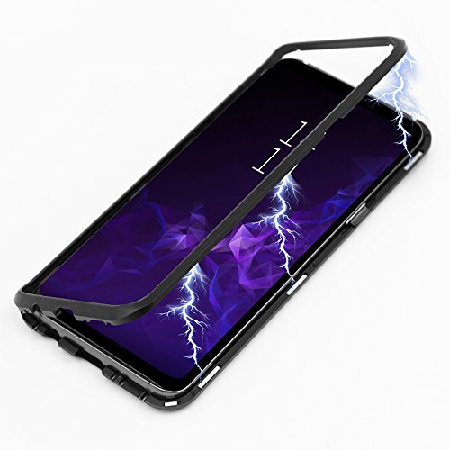 Galaxy S9 Plus Case, Diaxbest Ultra Slim Magnetic Adsorption Metal Case, Aluminum Alloy Frame Hard Clear Tempered Glass Back Cover Support Wireless Charging for Samsung Galaxy S9 Plus (Clear Black)