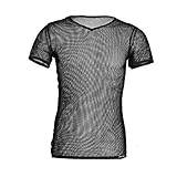 YiZYiF Men's See Through Fishnet Clubwear Short Sleeve T-Shirt Undershirt (2X-Large, Black)