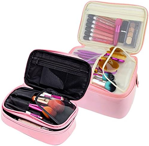 Makeup Bag for Women 2 Pack Pink Makeup Brushes Holder Organizer Bag Cosmetic Case 2 Layer Large and Small Makeup Pouch PU Leather Case with Carry Handle for Travel