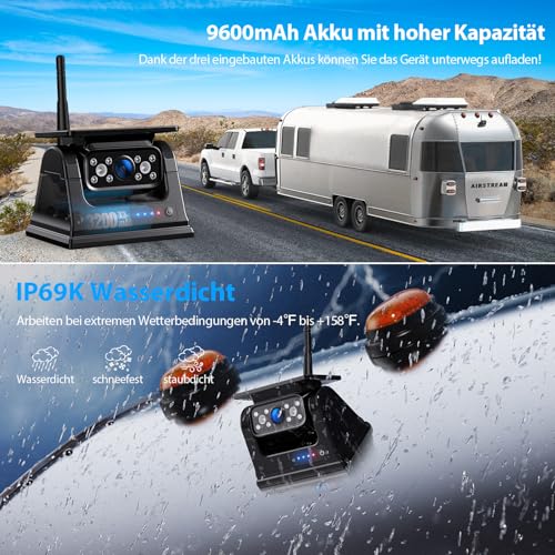 4 Reversing Cameras Wireless Solar Magnetic Reversing Camera: 10.1 Inch 1080P Touchscreen IPS Monitor, 9600 mAh Battery, 1 Minute Setup, IP69K Waterproof Reversing Cameras for Motorhomes, Trailers and Trucks