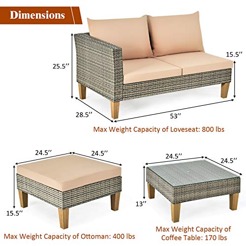 Tangkula L Shaped Patio Furniture Set, 4 Piece All Weather Wicker Sectional Sofa Set with Acacia