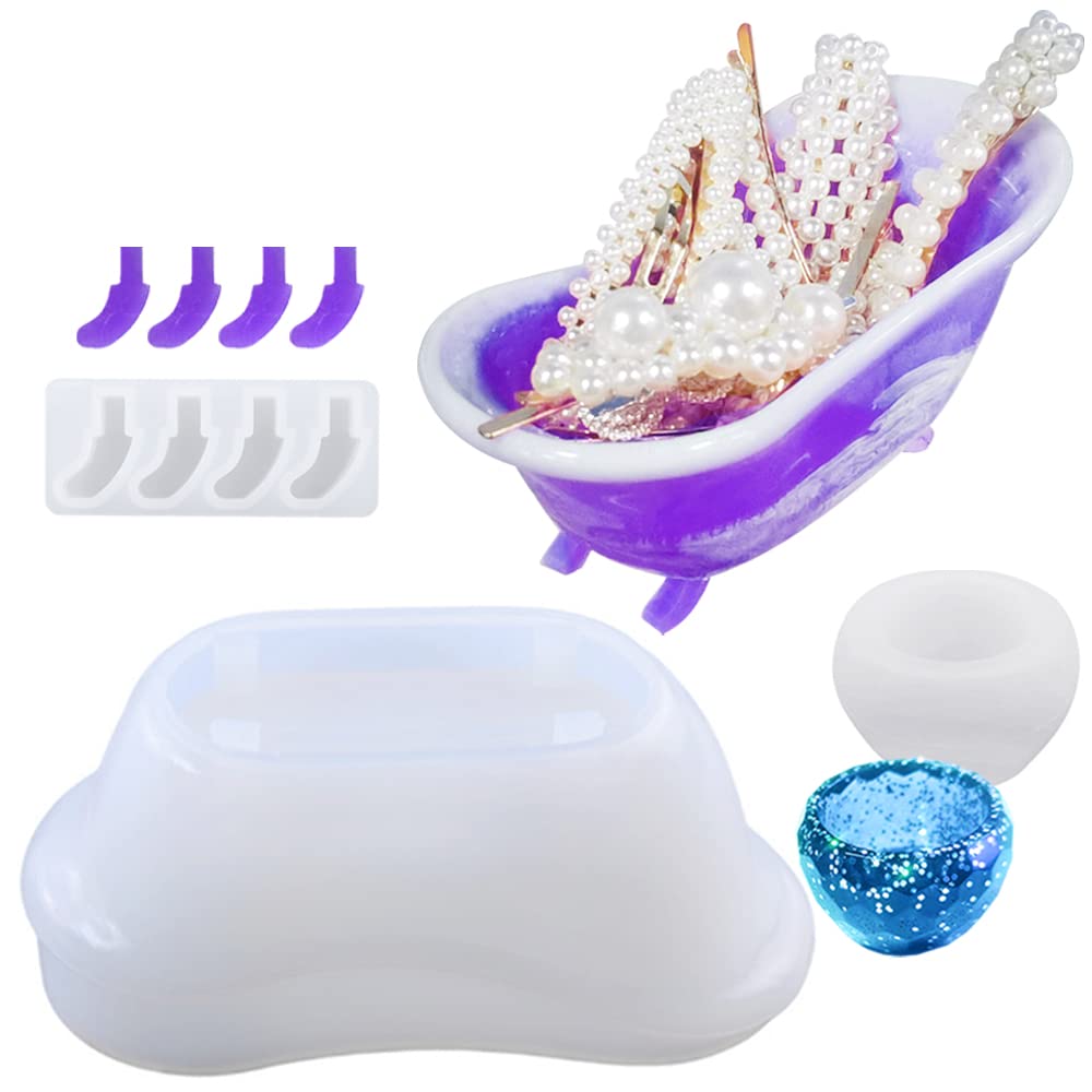 Bathtub Resin Moulds, FineGood Silicone Moulds for Resin Storage Box Resin Moulds Silicone Resin Container Moulds for Jewellery Soap with Small Cup Mould