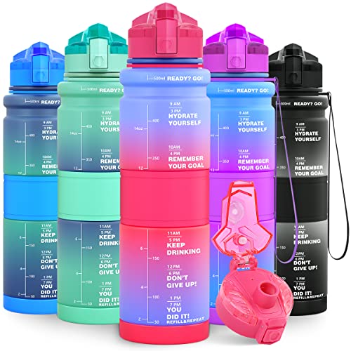 Lunidry 1 Litre Water Bottle, 500ml Kids Water Bottle for School, BPA Free Leakproof Motivational Plastic Drink Bottles with Time Markings, 1l Sports Water Bottles for Running, Gym, Mens — image 1