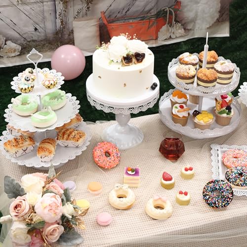 LIFESTIVAL Cake Stands Set White Metal Cupcake Holder Dessert Display Plate Decor Serving Platter for Party Wedding Birthday Baby Shower Celebration Home Decoration