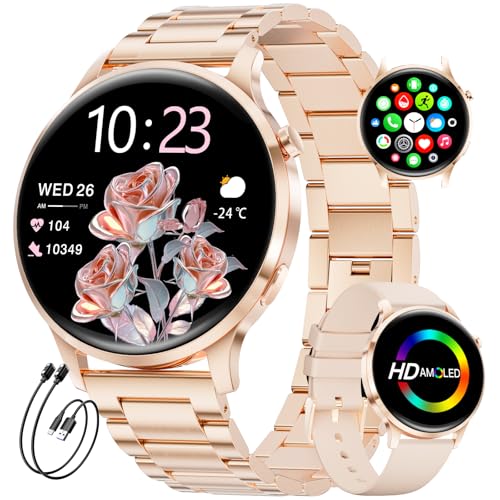 Reloj Inteligente Mujer, 1.32" AMOLED Smart Watch con Llamadas Bluetooth, 120+ Deportes Smartwatch Mujer con 2 Correas, IP68 Waterproof, Sueño, Actividad Calorías Podómetro Android iOS (Oro rosa)