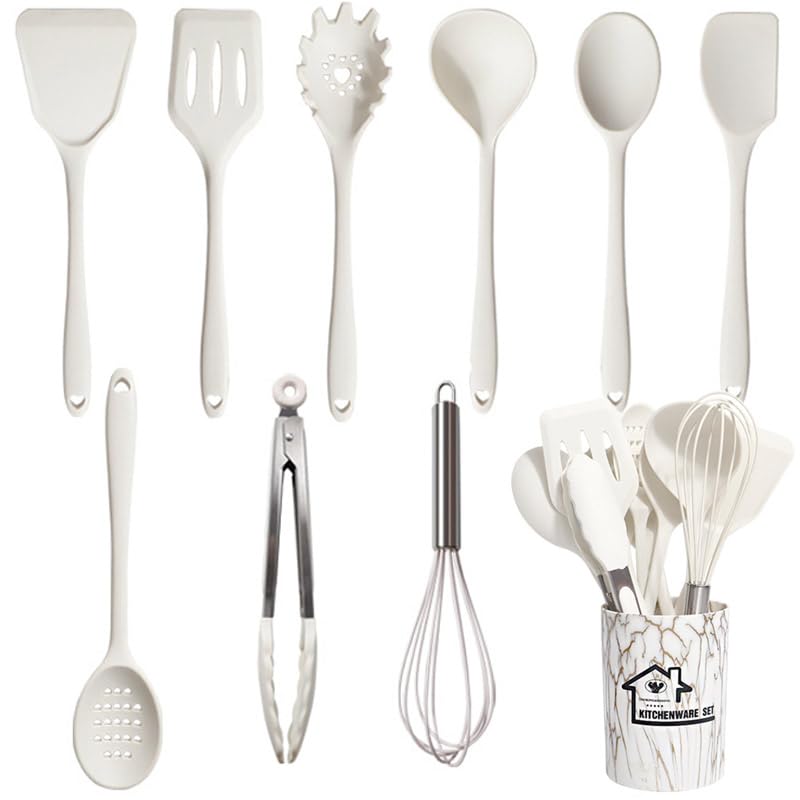UXIYI Silicone Utensil Set Kitchen Utensils, 10pcs Cooking Utensils Set, Including Turner Spatula Cooking Tong Spoon Non-Stick Heat Resistant,White