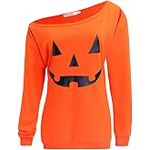 RJXDLT Women's Halloween Shirt Slouchy Sweatshirt Off Shoulder Pumpkin Pullover Top