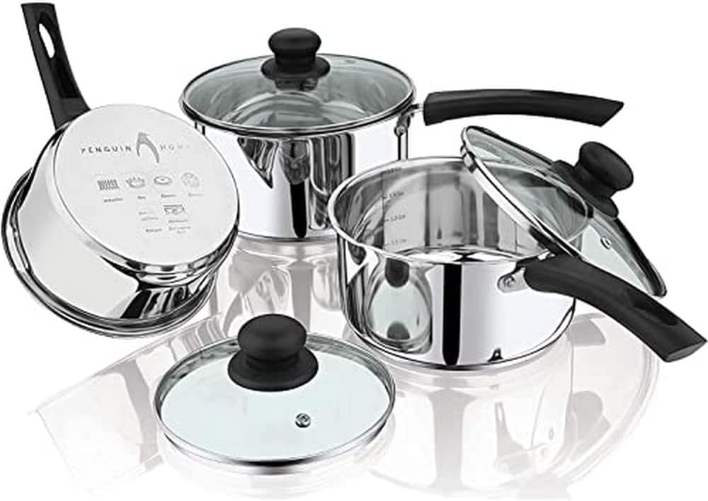 Penguin Home Saucepan Set 1.5, 2, 2.5 LTR Stainless Steel Saucepots with Glass Lid, Double Pouring Lips & Bakelite Handles Induction Safe/Dishwasher Safe