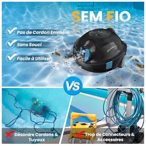 Robot Piscine, Robot Piscine sans Fil Y10 | Aspirateur Automatique et Puissant, 120 Minutes d'Autonomie & Auto-Stationnement, Conçu pour Bassins Enterrés et Piscines à Fond Plat jusqu'à 100 m²(Noir)