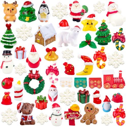 50PCS Miniature Christmas Figurines Set – Mini Resin Christmas Decorations with Snowflakes, Santa, Snowman, Tree, Gifts – Mini Resin Figures for Crafts, Dollhouse & Holiday Décor