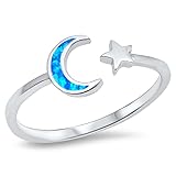 Open Moon Star Blue Simulated Opal Cute Ring New