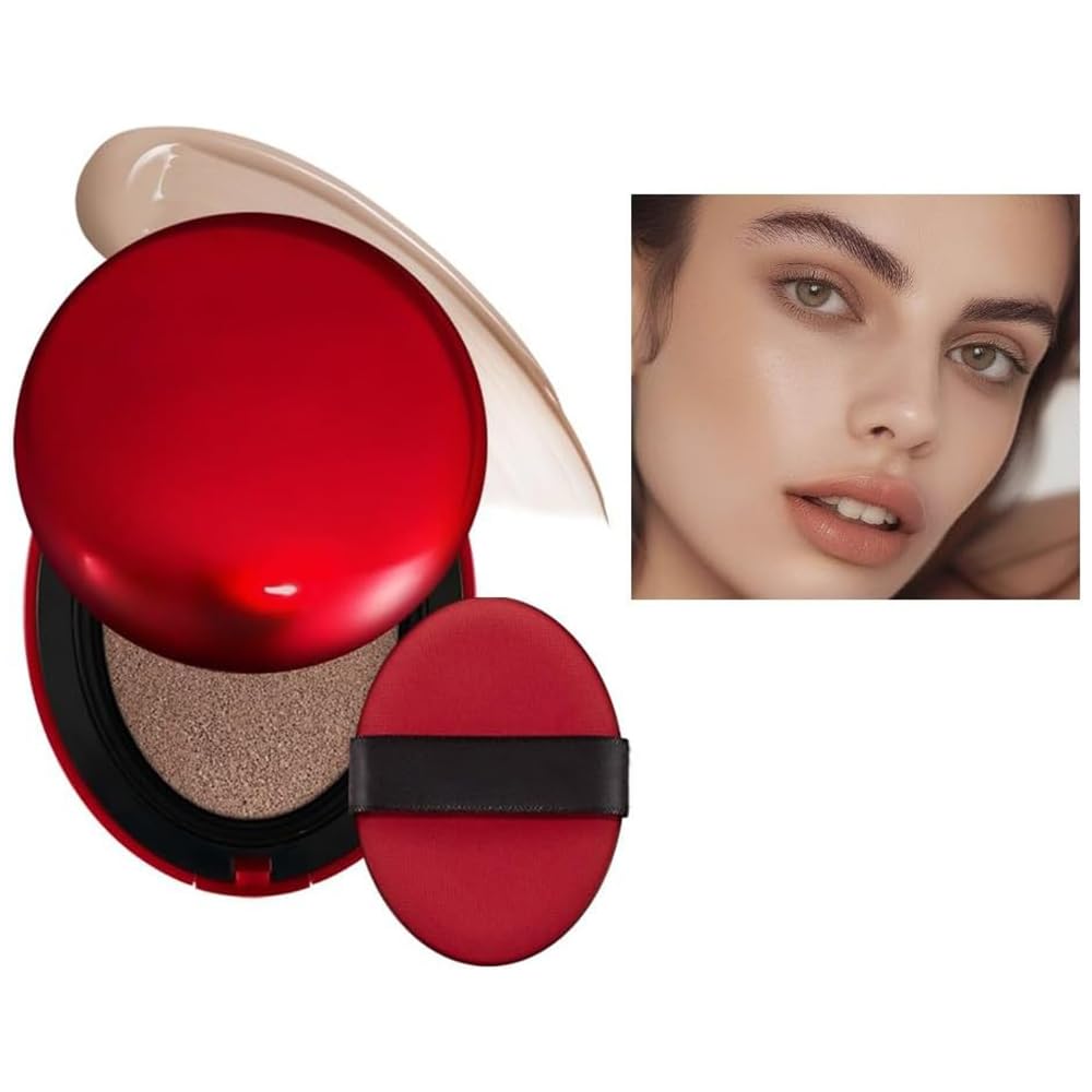 Cushion Foundation, Semi-Matte Finish 72-Hour Foundation Full Coverage Sun Protection, Waterproof, Clear Makeup Red+Shell+Air Focuses on Keeping The Coverage Great,18g