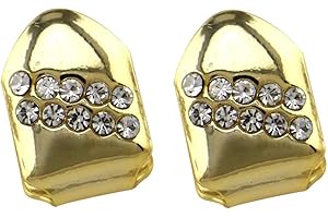 Psivika 2PC Gold Plated Diamond Single Grillz Cap for Your Teeth Grillz Men Women Hip Hop Jewelry Gift