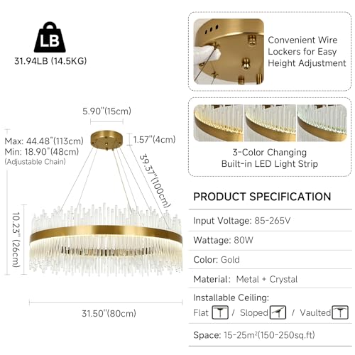 Modern Gold Crystal Chandelier Pendant Light, Dimmable Luxury Crystal Round Lamp, for Living Room, Dining Room, Bedroom, Restaurant, Φ80cm