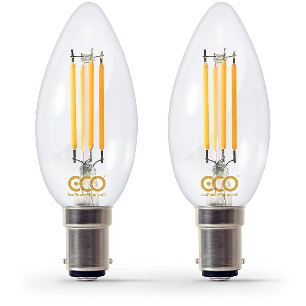 ECO 40W Dimmable Energy Saving Candle Light Bulb, Low Power 4W Vintage Style LED Filaments, 400 Lumen, Clear Glass, Warm White (2700K), B15 Small Bayonet Fitting, 25000Hrs Lifetime. (2xPACK)