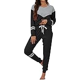 YAHESHION Womens Pajamas Sets Block Color V Neck Long Sleeve Tops with Striped Pullover and Casual Long Pants with Pockets