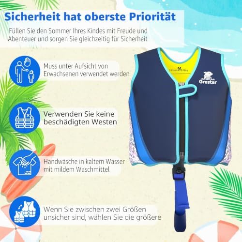 Schwimmweste Kinder, Schwimmhilfe Schwimmen Jacket mit 8 Herausnehmbaren EPE-Blöcken, Verstellbarem Schrittgurt & Sicherheitsverschluss für Jungen und Mädchen 2-6 Jahre/15-30KG