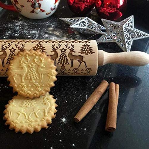 Christmas Embossing Rolling Pin Cookies Decorating Embossed Rollers Pins with Engraved Christmas Snowflakes and Deer Pattern for Baking Dough, Pie, Cookie, Fondant, Pastry, Biscuit (43X5 CM)