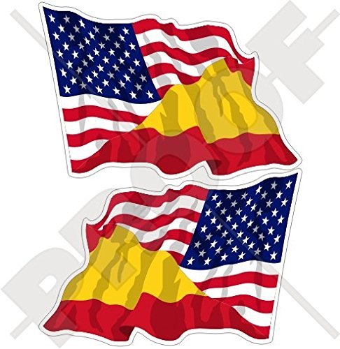 USA United States of America & SPAIN American-Spanish Flying Flag 3" (75mm) Vinyl Bumper Stickers, Decals x2 (Left-Right)