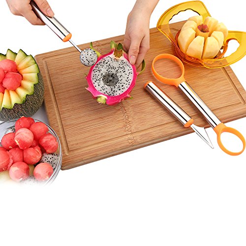 WAAO 3-in-1 Stainless Steel Melon Baller & Carving Knife & Fruit Scoop Set for Fruit Slicer Dig Pulp Separator and Carve