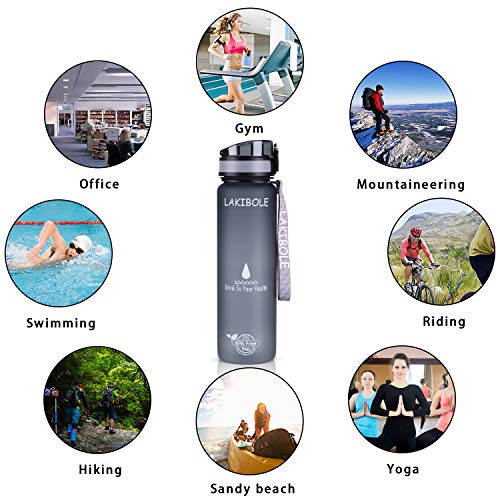 LAKIBOLE 32 oz Water Bottle BPA Free with Time Markers, Tritan Gym Water Bottle for Fitness, Outdoor Enthusiasts, Leakproof & Durable - Gray