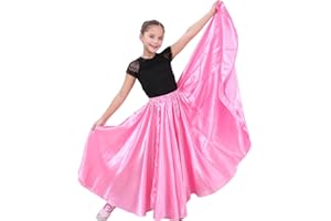 SANCAN Long Full Ankle Length Satin Flowy Folkloric Latin Belly Dance Umbrella Skirt for Girls 8-12 Years