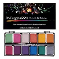 Bo Buggles Professional Metallic FX Face Paint Kit. Water-Activated Face Painting Palette. Loved by Pro Painters for Vibrant Detailed Designs. 12x10 Gram Paints +2 Brushes. Safe Makeup Paint Supplies