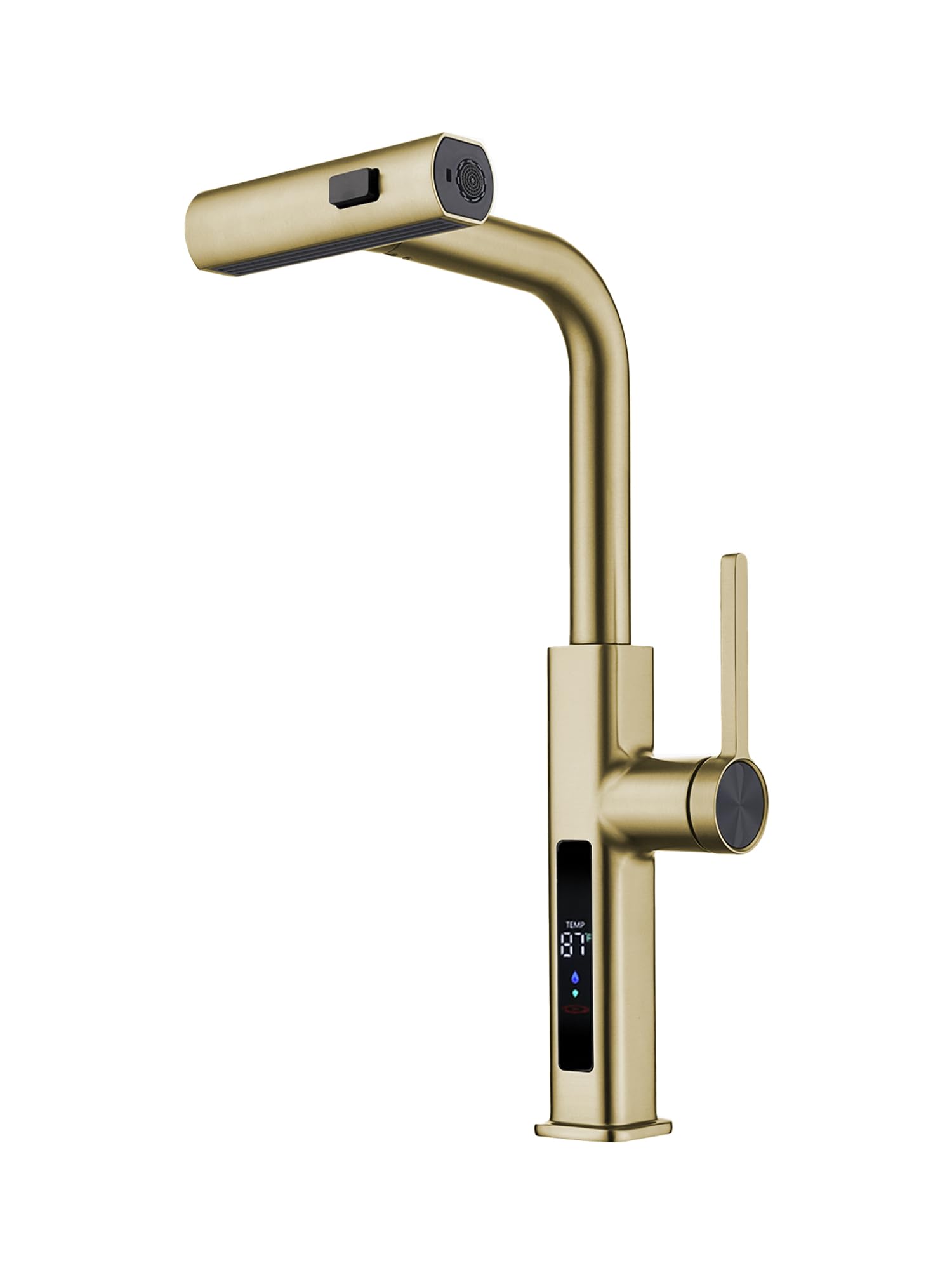 Photo 1 of Lefton Pull-Out Waterfall Kitchen Faucet with Temperature Display, Two Water Outlet Modes, Single Hole, Brushed Gold, KF2209-5