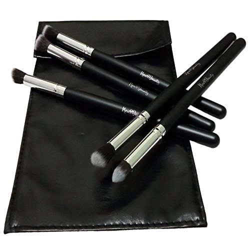 Eye Makeup Brushes Kit Set with FREE Cosmetic Leather Pouch – Mini Kabuki Concealer Stippling Flat, Angled Round, Concealer Tapered, Eye shadow Primer Round, Contouring Angled Flat