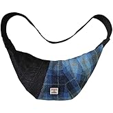 Harris Tweed Crescent Crossbody Bag for Women and Men, Tartan Wool & Denim Hobo Shoulder Bag, Vintage Travel Purse