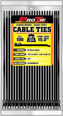 Pro Tie B15HDSM100 15-Inch Heavy Duty Screw Mount Cable Tie, UV Black Nylon, 100-Pack