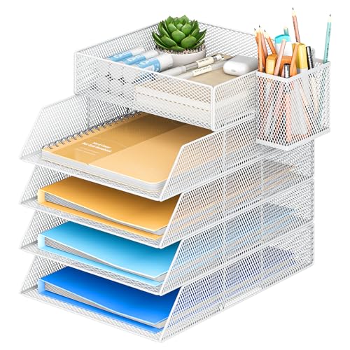 VITVITI 5 Tier Stackable Tray for Office, Desk Paper Organizer, File Trays, Office Desk Accessories with Pen Holder - White
