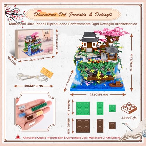 Charmofun 3320pcs Mini Building Bricks, Classic Chinese Garden Building Bricks Set with LED, Peach Blossom Pool Chinese Architecture, Creative STEM Gift for Kids and Adults