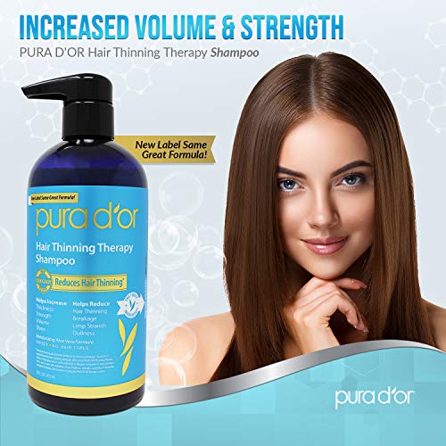 PURA D'OR Hair Thinning Therapy Shampoo for Prevention, Infused with Argan Oil, Biotin & Natural Ingredients, Sulfate Free, All Hair Types, Men and Women, 16 Fl Oz (Packaging may vary)